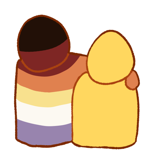 a drawing of two people, with the one on the left having their arm around the other's shoulder. the person on the right is emoji yellow, and the person on the left has the NPD flag coloured on them.